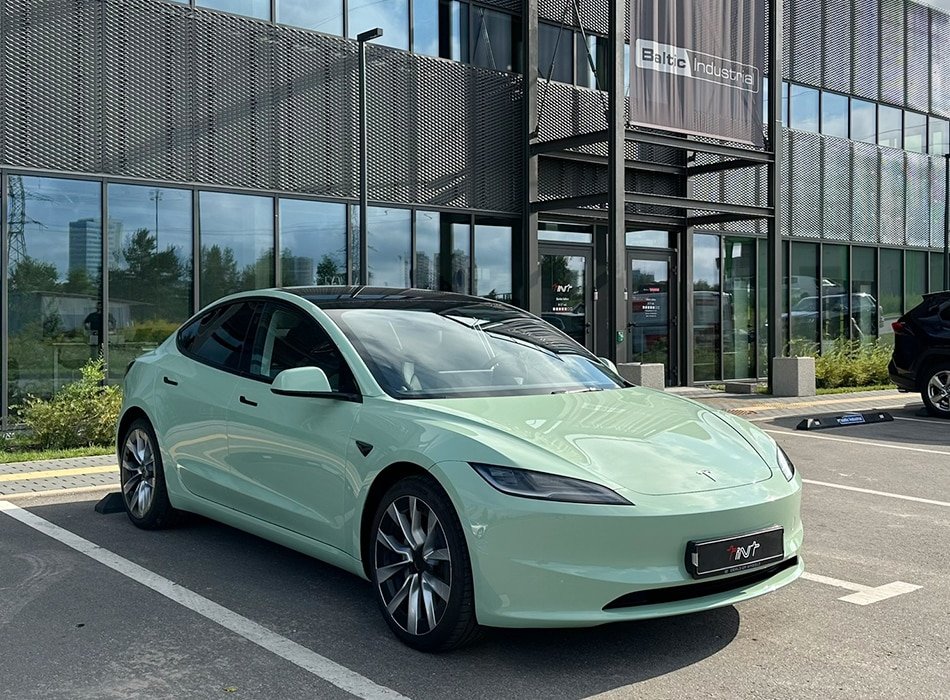 Gloss Khali green colored PPF Tesla Model 3